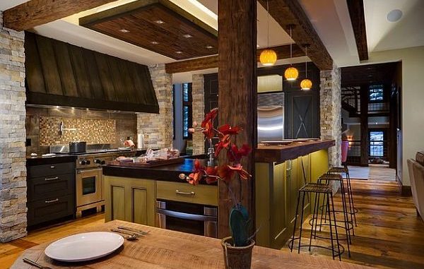 rustic-kitchen-decoration-ideas-with-sectional-oak-kitchen-island-feats-teak-pillar-overlooking-with-vintage-bar-stools